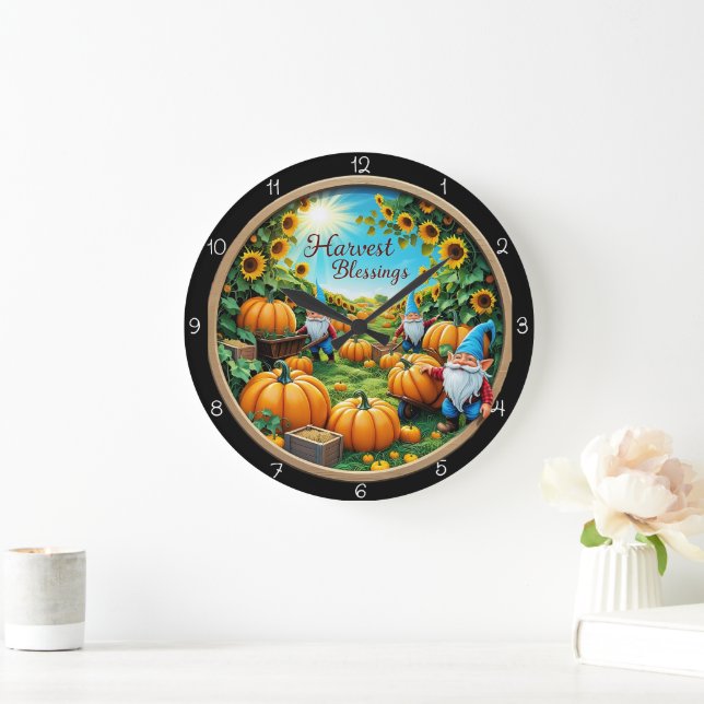 Erntedank-Gnome Kürbisfeld Große Wanduhr (Zuhause)