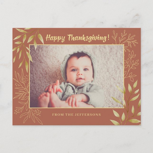 Erntedank Gold Blätter Wasserfarben Linie Art Foto Postkarte (Vorderseite)