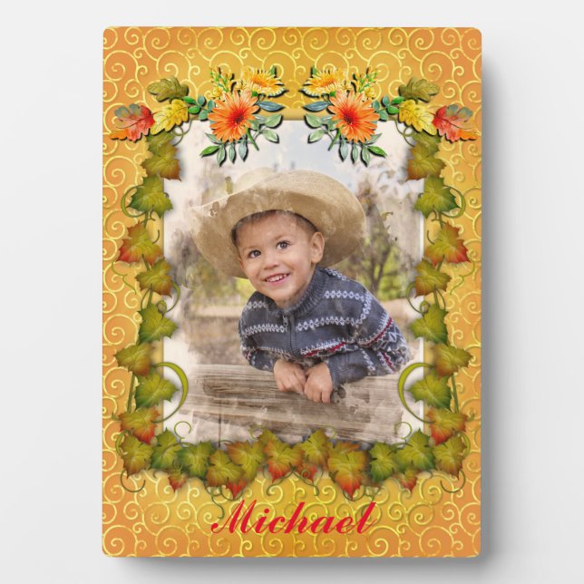 Erntedank Herbst Ahornleder und Sonnenblumen Fotoplatte (Vorderseite)