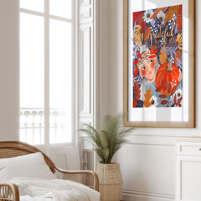 Erntedank Herbst Blätter Girl Orange Poster (Thanksgiving autumn leaves girl orange poster)