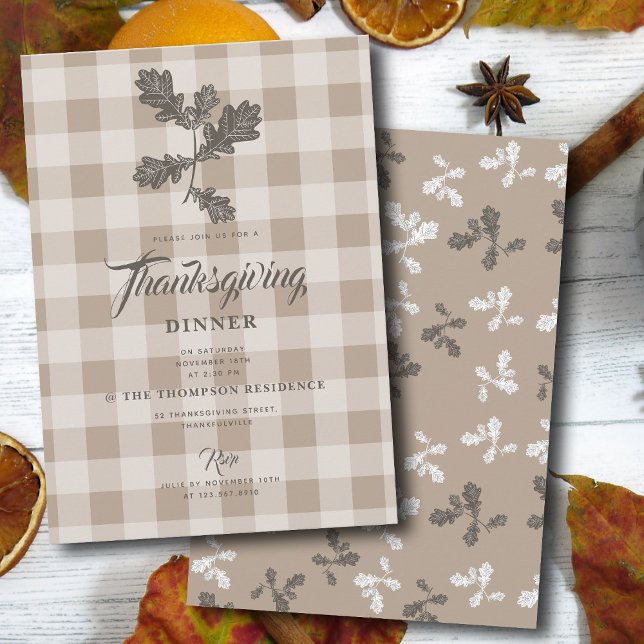 Erntedank Herbstblätter Blätter Braun Kariert Einladung (Thanksgiving Autumn Foliage Leaves Brown Plaid Invitation)
