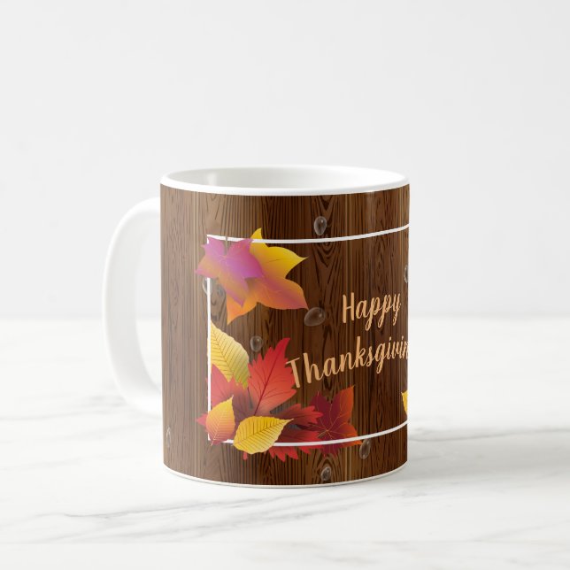 Erntedank Holiday Fall Maple Blätter Holzdekoratio Kaffeetasse (Vorderseite Links)