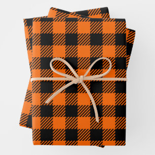 Erntedank Kariertes Muster in Schwarz und Orange Geschenkpapier Set