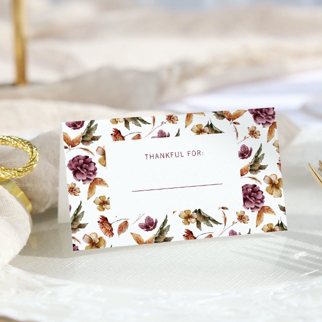 Erntedank Klappende Platzkarte (Rustic Autumn Leaves Thankful For Folded Place Card by Painted Paperie)
