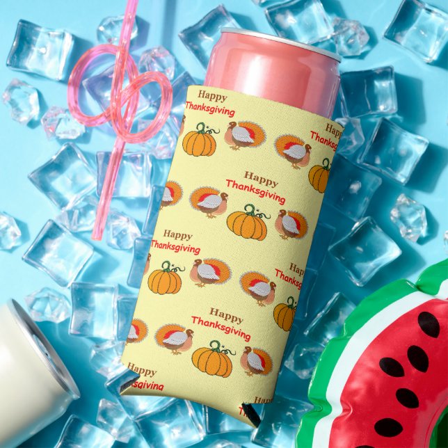 Erntedank-Kürbis und Truthahnmuster gelb Selters Dosenkühler (In Situ Sommer)