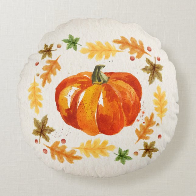 Erntedank-Kürbis verlässt Watercolors Rundes Kissen (Vorderseite)