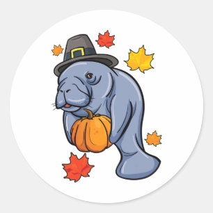 Erntedank Manatee Pilgrim Fall Pumpkin Dugong Runder Aufkleber