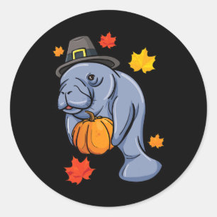 Erntedank Manatee Pilgrim Fall Pumpkin Dugong Runder Aufkleber