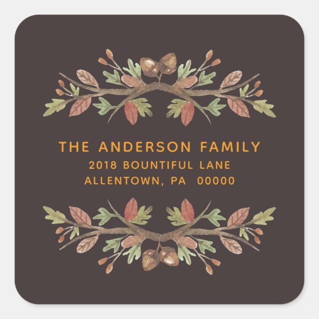 ERNTEDANK NIEDLICH FALL FOLIAGE RÜCKSENDEADRESSE QUADRATISCHER AUFKLEBER (Vorderseite)