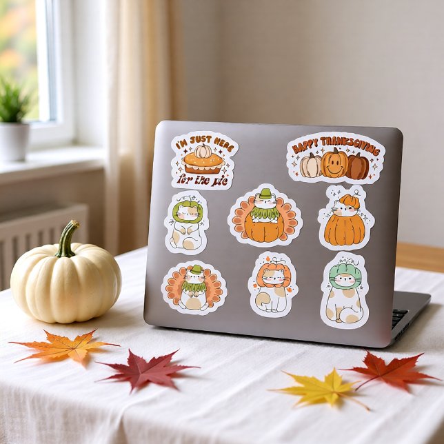 Erntedank Niedlich Kawaii Katzen - Aufkleber (Cute Kawaii Thanksgiving Cats Pumpkin Pie Autumn Sticker)
