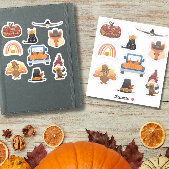 Erntedank Pack 1 mit 9 Designs- Aufkleber (Thanksgiving Pumpkins, Turkey, Pilgrim Hat & Fall Sticker)