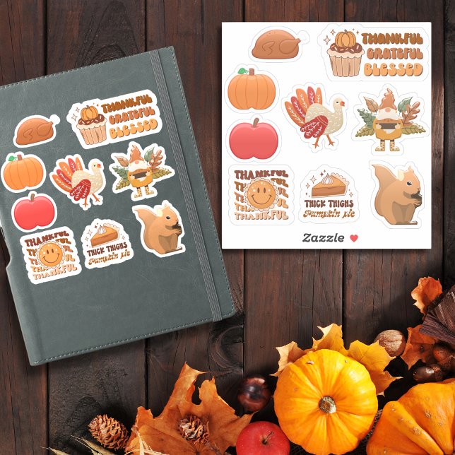 Erntedank Pack 3 mit 9 Designs- Aufkleber (Thanksgiving – Turkey, Pumpkins, Pie & Fall Quotes Sticker)