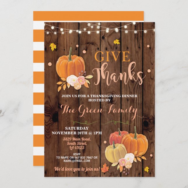 Erntedank Party Fall Wood Pumpkin Abendessen Einladung (Vorne/Hinten)