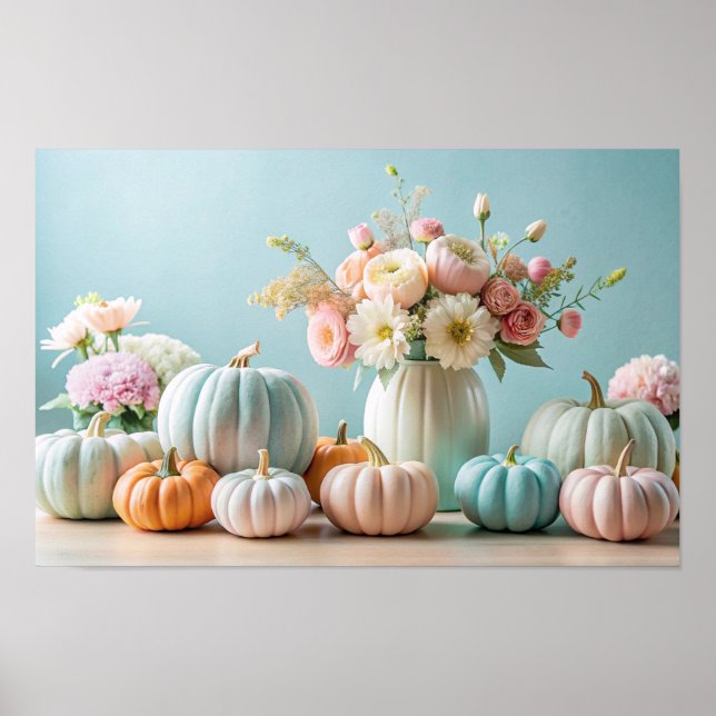 Erntedank Pastel Pumpkins und Blumenarrangements Poster (Vorne)