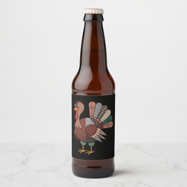 Erntedank Patchwork Quilted Turkey Fall Bierflaschenetikett (Vorderseite)