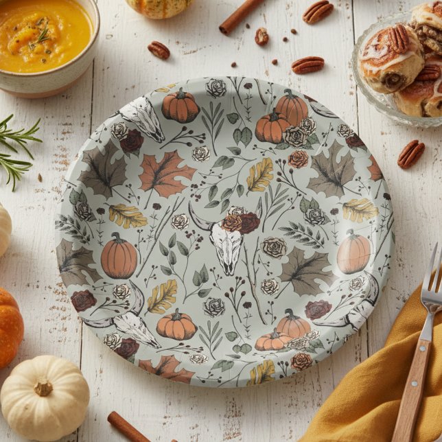 Erntedank Pattern Kuh Skull Fall Harvest Pappteller (Floral Cow Skull Pumpkin & Fall Leaves Pattern Autumn Paper Plates. Rustic Goth Southwestern Style)