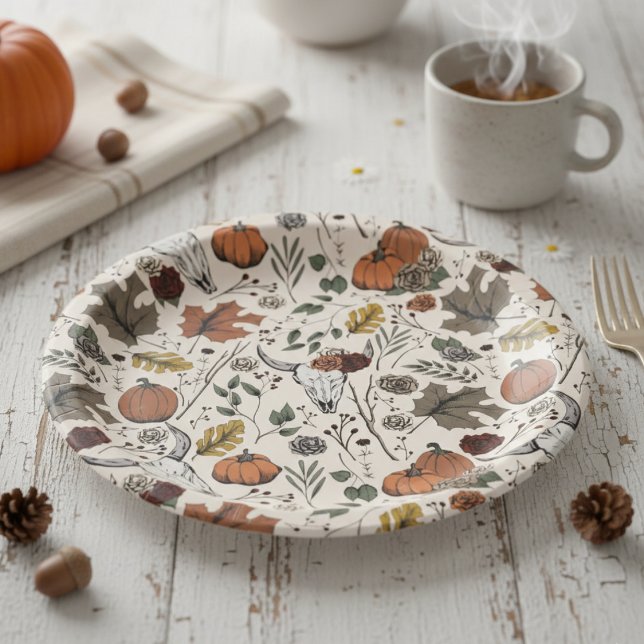 Erntedank Pattern Kuh Skull Fall Harvest Pappteller (Chic Rustic Floral Cow Skull Pattern Autumn Paper Plates. Country Western & Slightly Gothic Style)