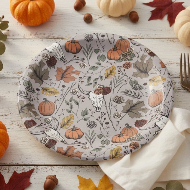 Erntedank Pattern Kuh Skull Fall Harvest Pappteller (Chic Rustic Floral Cow Skull Pattern Autumn Paper Plates. Country Western & Slightly Gothic Style)