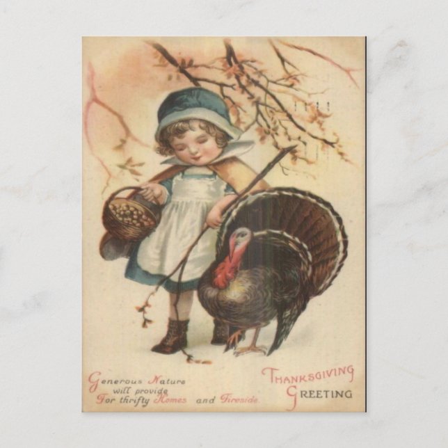 Erntedank - Pilgrim Girl & Turkey 1910 Postkarte (Vorderseite)