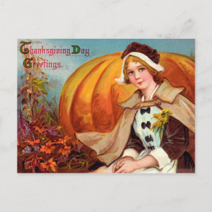 Erntedank Pilgrim Girl with Pumpkin Feiertagspostkarte