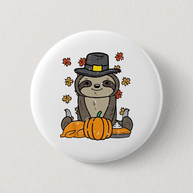 Erntedank Pilgrim Sloth Niedlich Herbst Herbst Män Button (Vorderseite)