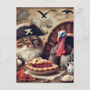 Erntedank Pirate Cat und Türkei mit Kuchen Postkarte