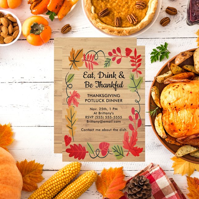 Erntedank Potluck Dinner LT Brown Wood Einladung (Thanksgiving Potluck Dinner Light Brown Wood Invitation)