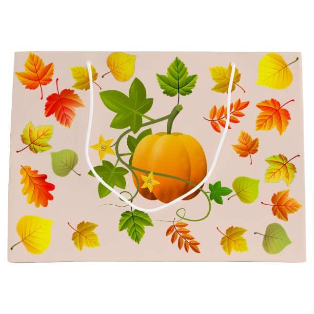 Erntedank Pumpkin & Autumn Leaves auf Beige Große Geschenktüte (Vorderseite)