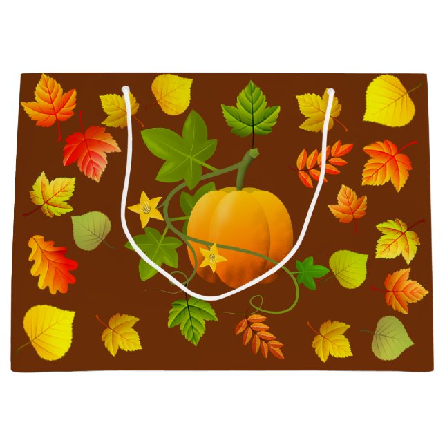 Erntedank Pumpkin & Autumn Leaves on Brown Große Geschenktüte (Vorderseite)