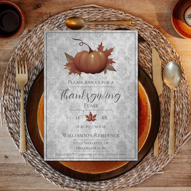 Erntedank Pumpkin Damask | Graues Abendessen Einladung (Thanksgiving Pumpkin Damask Dinner Invite - Gray)