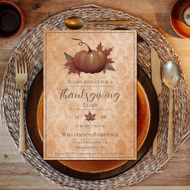 Erntedank Pumpkin Damask | Orange Dinner Einladung (Thanksgiving Pumpkin Damask Dinner Invite - Orange)