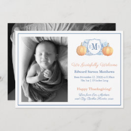 Erntedank Pumpkin Monogram Grateful Baby Birth Ankündigung