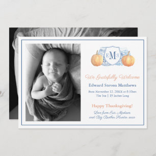Erntedank Pumpkin Monogram Grateful Baby Birth Ankündigung