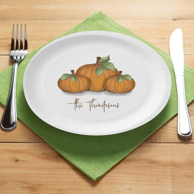 Erntedank Pumpkin Rustic Personalisiert Pappteller (Simple Fall Autumn harvest pumpkins custom paper plates. )