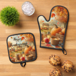 Erntedank Pumpkins Herbstleaves Ofenhandschuh & Topflappen-Set