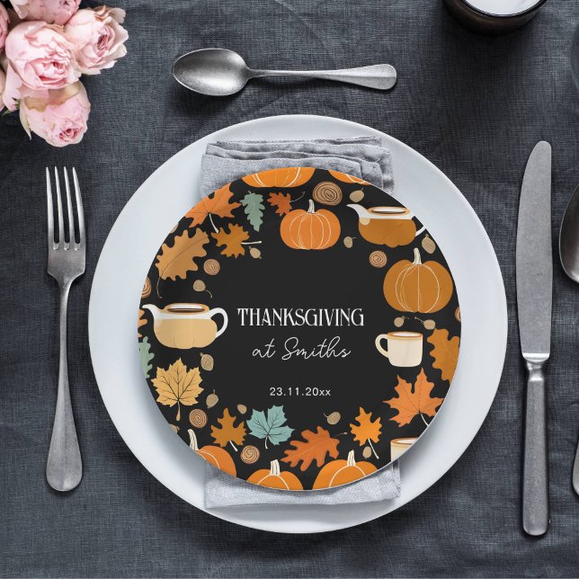 Erntedank Retro-Stil Kürbis Maple-Blätter Pappteller (Thanksgiving dinner tableware personalized paper plates pumpkins cups fall foliage themed plates)