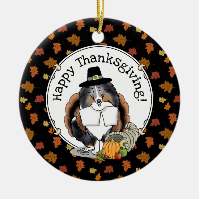 Erntedank Shetland Sheepdog (blauer Merle) Funny Keramik Ornament (Vorne)