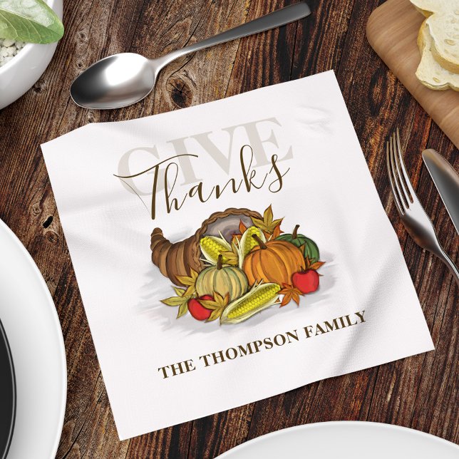 Erntedank Simple Cornucopia Elegante Danke Serviette (Give Thanks Cornucopia Thanksgiving Holiday custom paper napkin. )