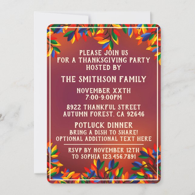 Erntedank Tree Colorful Funky Fall Tree Party Einladung (Rückseite)