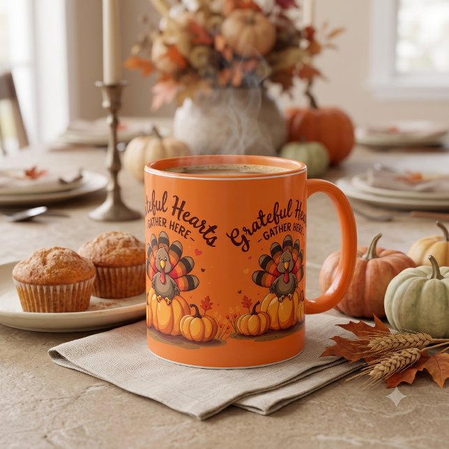Erntedank Truthahn Orange Tasse (Grateful Hearts Thanksgiving Turkey Orange Mug)