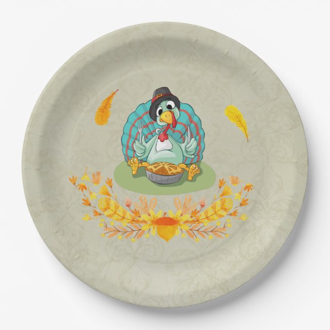 Erntedank Türkei Eating Pumpkin Pie Pappteller (Vorderseite)