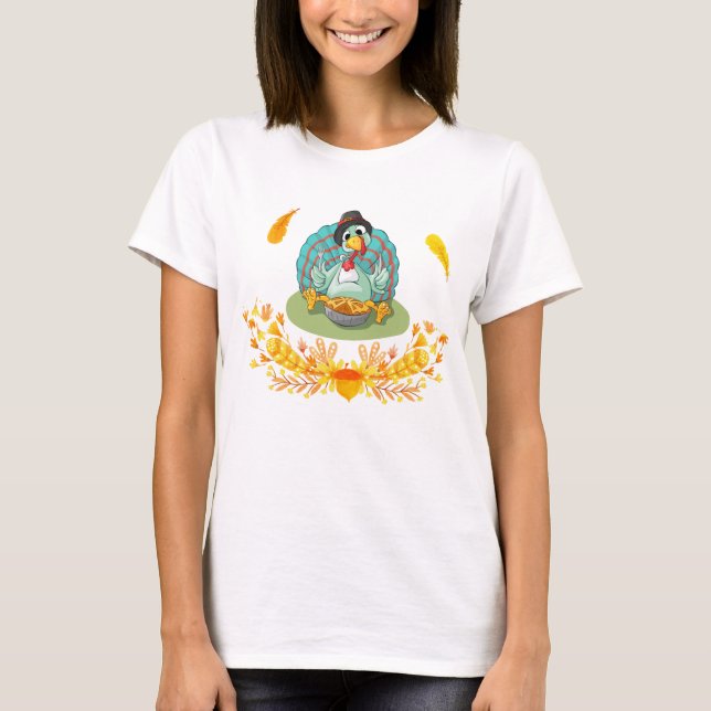 Erntedank Türkei Eating Pumpkin Pie T-Shirt (Vorderseite)