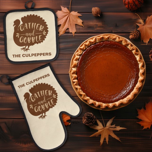 Erntedank Türkei Individuelle Name Gather und Gobb Ofenhandschuh & Topflappen-Set (Von Creator hochgeladen)