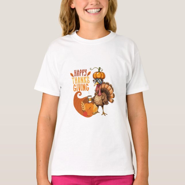 Erntedank Türkei mit Pumpkin Hat T-Shirt (Vorderseite)