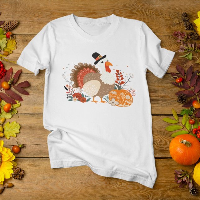 Erntedank Türkei mit Pumpkins und Herbst Verlassen T-Shirt (Von Creator hochgeladen)
