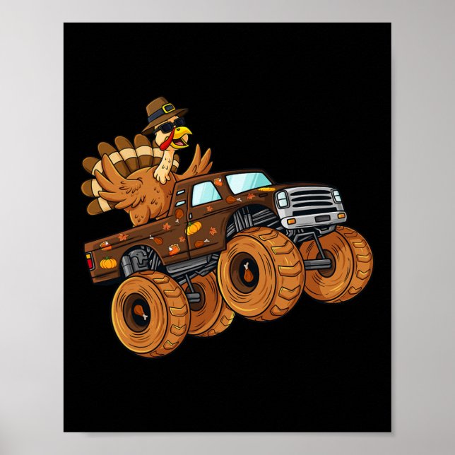 Erntedank Türkei Reiten Monster Truck Boys Kinder Poster (Vorne)