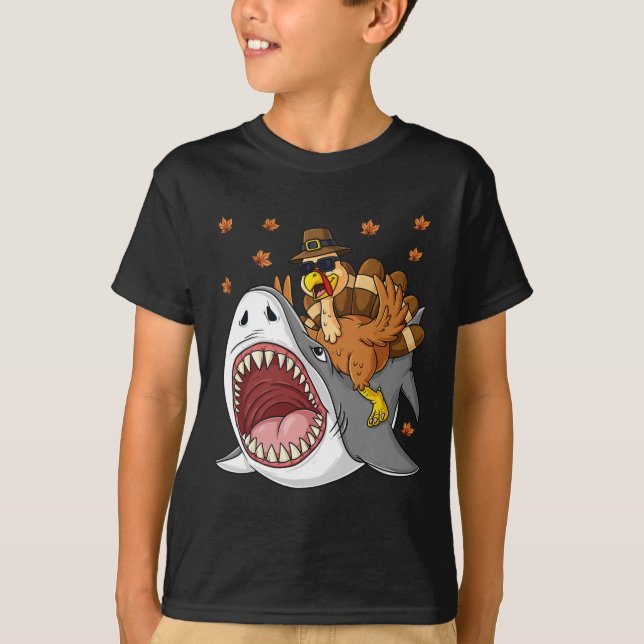 Erntedank Türkei Riding Shark Fun Kleinkind Boys T-Shirt (Vorderseite)