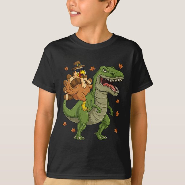 Erntedank Türkei Riding T Rex Dinosaur Kleinkind T-Shirt (Vorderseite)