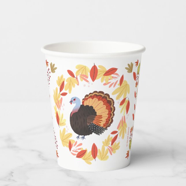 Erntedank Türkei und Herbstlaub Papier Cups Pappbecher (Rückseite)
