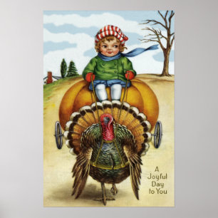 Erntedank Turkey Boy Riding Pumpkin Poster
